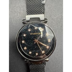 Starburst Diamond Glass Rose Toned & Crystal Accents Watch Black Mesh Band